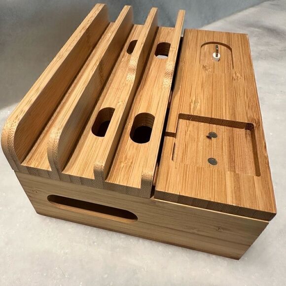 Bamboo Charging Station Dock 6 Ports Desktop Stand Organizer For Phone & Tablet - Picture 2 of 6